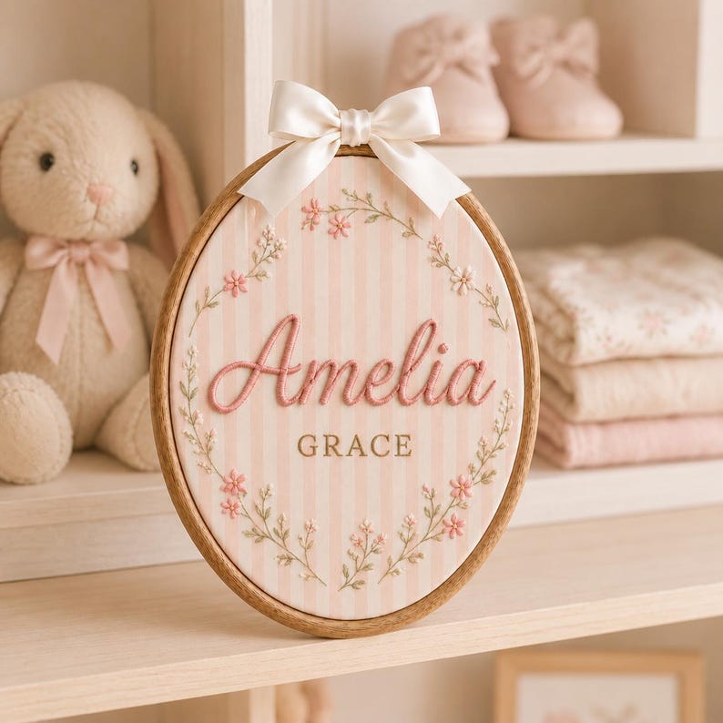 Personalized Floral Name Embroidery Hoop, Pink Gingham Nursery Decor, Baby Shower Keepsake