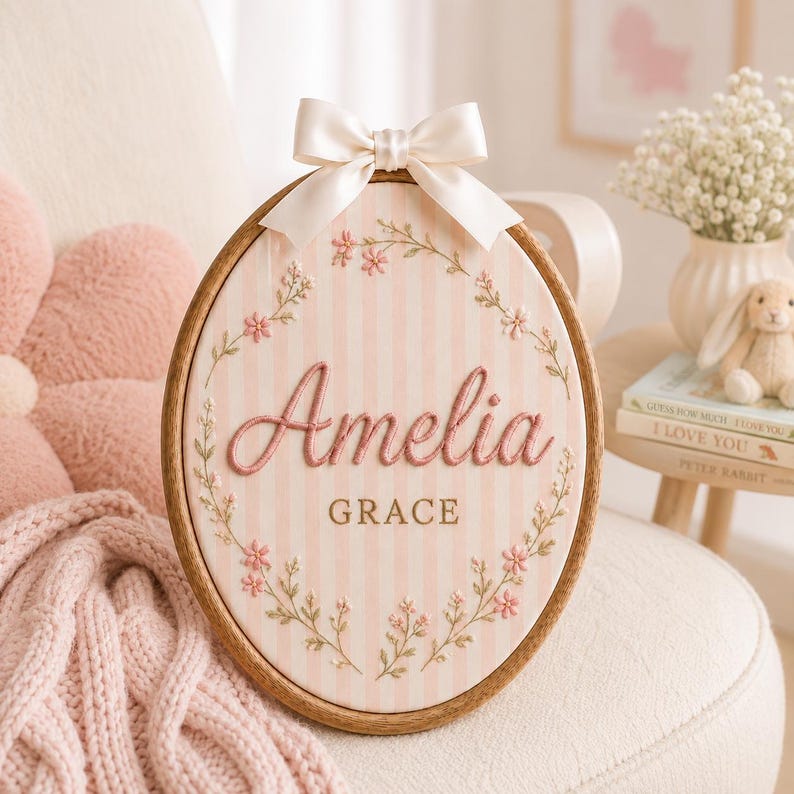 Personalized Floral Name Embroidery Hoop, Pink Gingham Nursery Decor, Baby Shower Keepsake