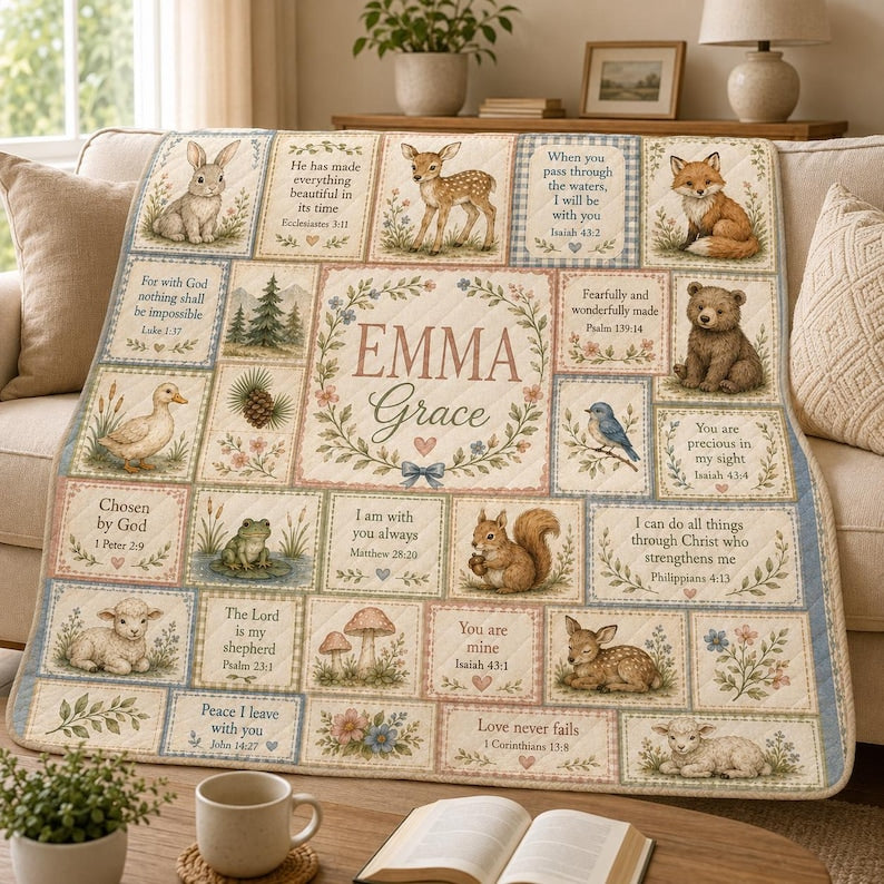 Personalized Christian Baby Quilt Blanket, Custom Name Woodland Bible Verse Nursery Gift