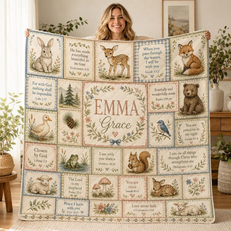 Personalized Christian Baby Quilt Blanket, Custom Name Woodland Bible Verse Nursery Gift