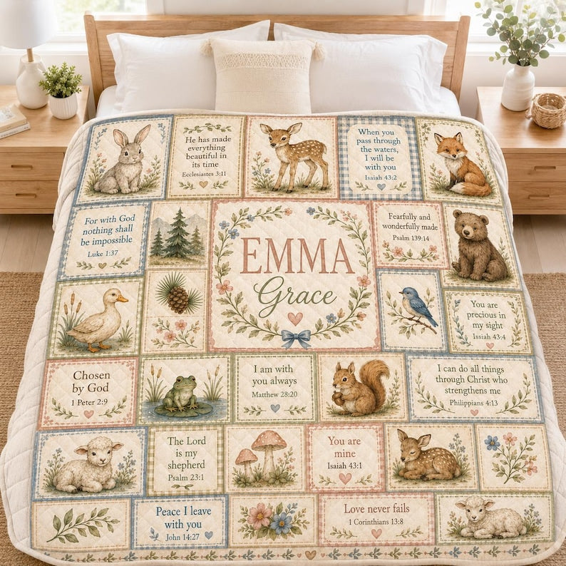 Personalized Christian Baby Quilt Blanket, Custom Name Woodland Bible Verse Nursery Gift