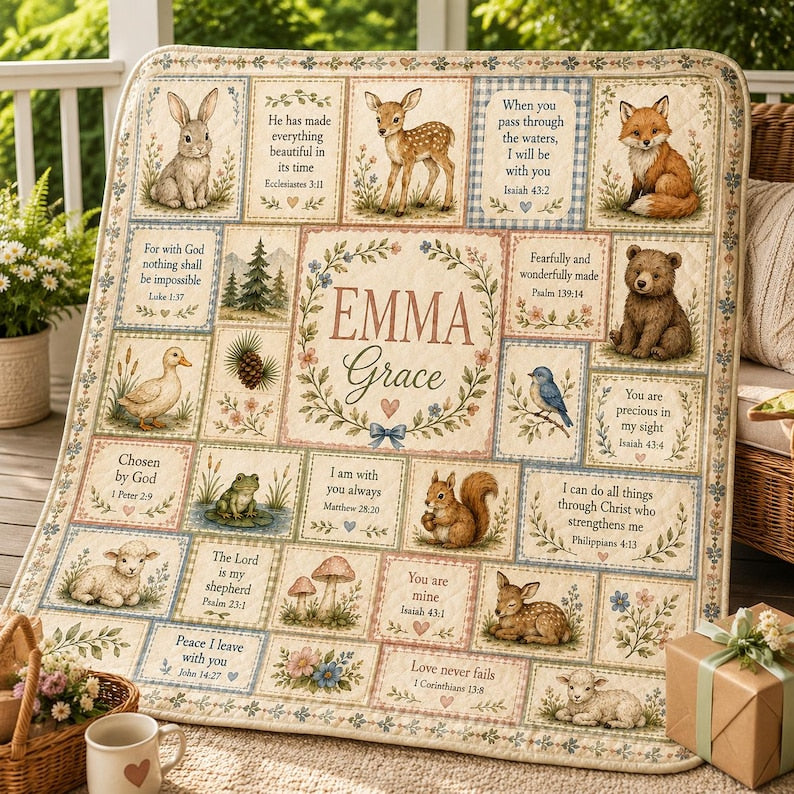 Personalized Christian Baby Quilt Blanket, Custom Name Woodland Bible Verse Nursery Gift