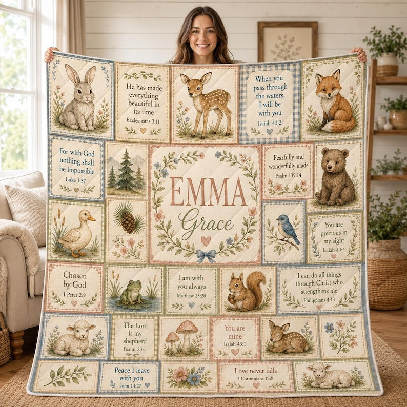 Personalized Christian Baby Quilt Blanket, Custom Name Woodland Bible Verse Nursery Gift