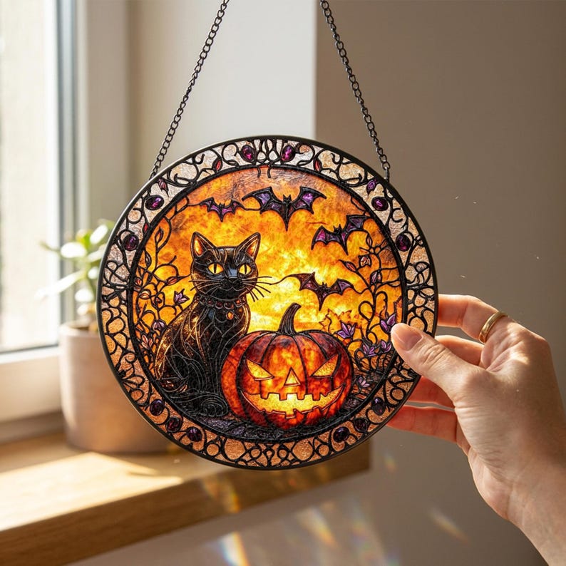 Black Cat Pumpkin Stained Glass Suncatcher: Halloween Window Hanging, Spooky Cat Decor