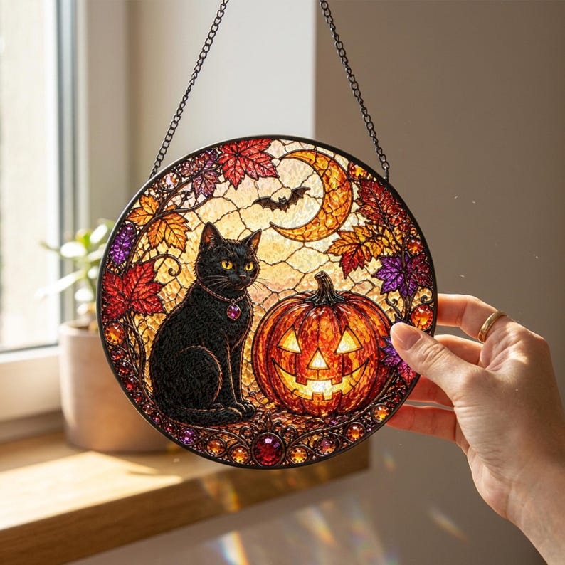 Black Cat Pumpkin Stained Glass Suncatcher: Halloween Window Hanging, Spooky Cat Decor
