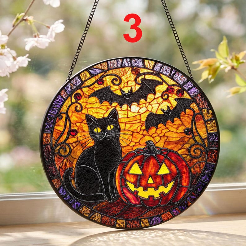 Black Cat Pumpkin Stained Glass Suncatcher: Halloween Window Hanging, Spooky Cat Decor