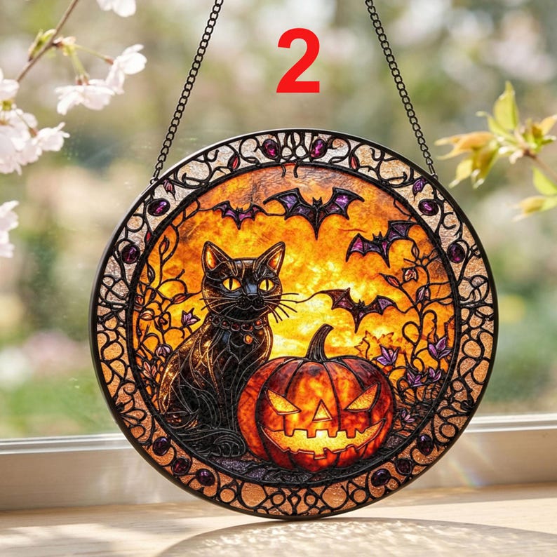 Black Cat Pumpkin Stained Glass Suncatcher: Halloween Window Hanging, Spooky Cat Decor