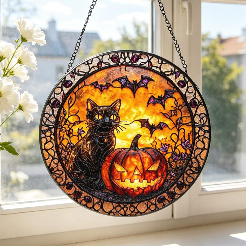 Black Cat Pumpkin Stained Glass Suncatcher: Halloween Window Hanging, Spooky Cat Decor