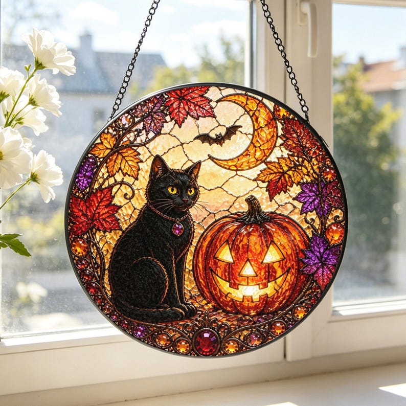 Black Cat Pumpkin Stained Glass Suncatcher: Halloween Window Hanging, Spooky Cat Decor