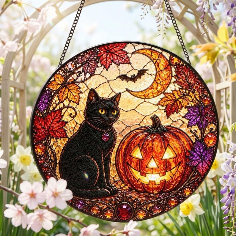 Black Cat Pumpkin Stained Glass Suncatcher: Halloween Window Hanging, Spooky Cat Decor