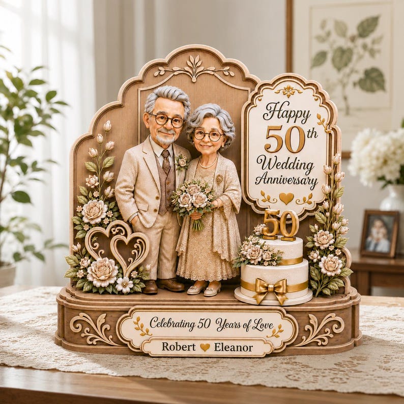 Personalized 50th Anniversary Wooden Block, Golden Wedding Sculpture, Custom Couple Photo Keepsake