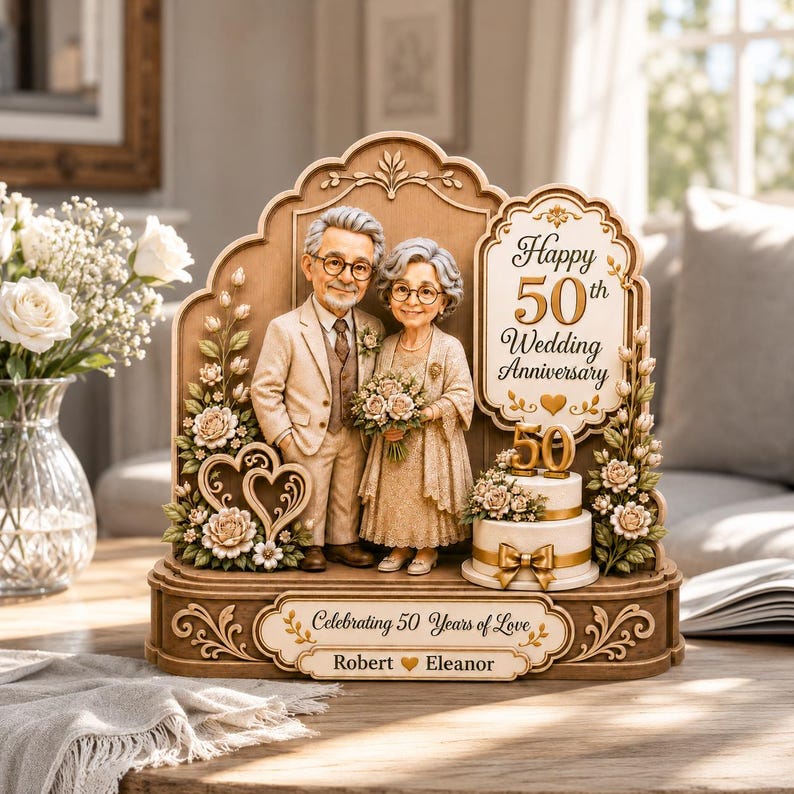 Personalized 50th Anniversary Wooden Block, Golden Wedding Sculpture, Custom Couple Photo Keepsake