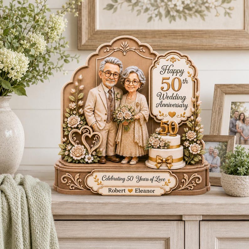 Personalized 50th Anniversary Wooden Block, Golden Wedding Sculpture, Custom Couple Photo Keepsake