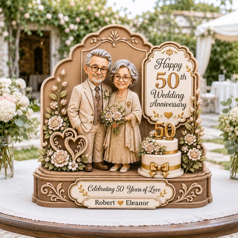 Personalized 50th Anniversary Wooden Block, Golden Wedding Sculpture, Custom Couple Photo Keepsake