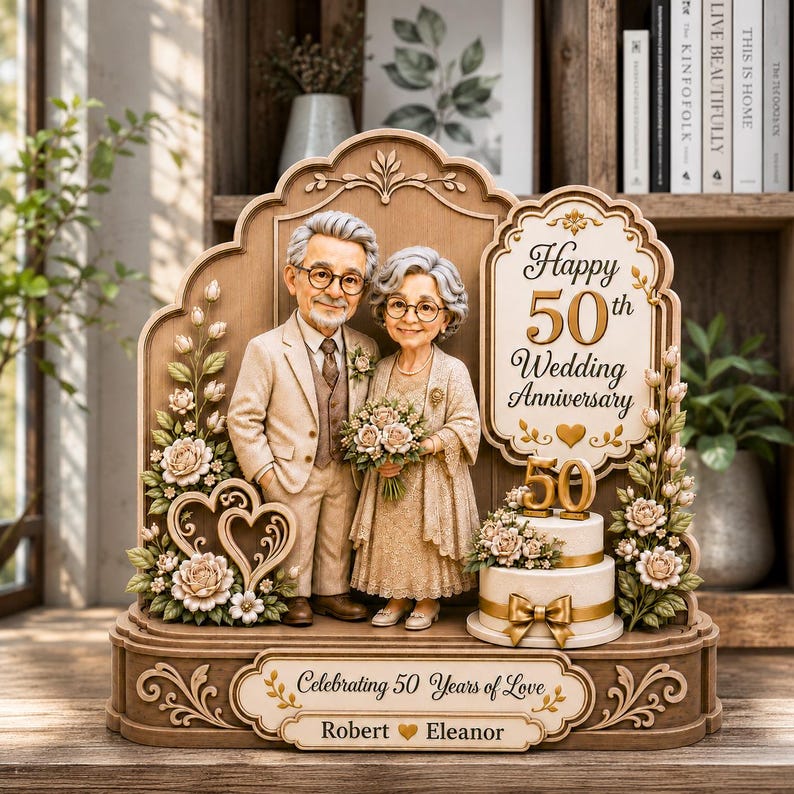 Personalized 50th Anniversary Wooden Block, Golden Wedding Sculpture, Custom Couple Photo Keepsake