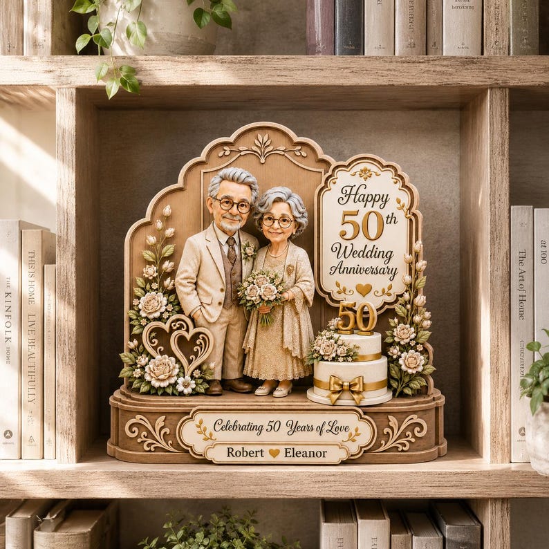 Personalized 50th Anniversary Wooden Block, Golden Wedding Sculpture, Custom Couple Photo Keepsake