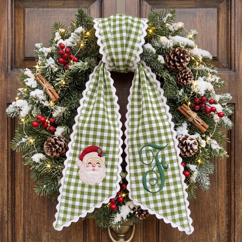 Personalized Christmas Santa Wreath Sash, Stripe Front Door Ric Rac Bow, Embroidered Holiday Decor, Xmas Gift