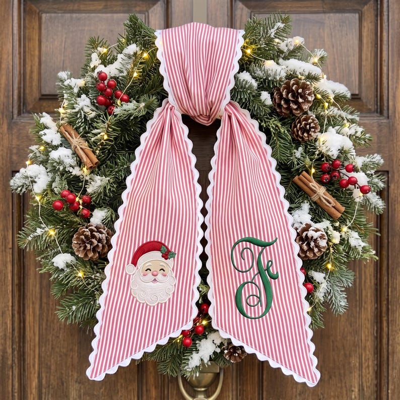 Personalized Christmas Santa Wreath Sash, Stripe Front Door Ric Rac Bow, Embroidered Holiday Decor, Xmas Gift