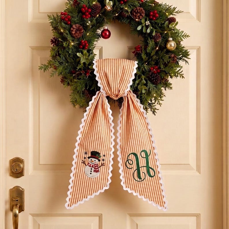 Personalized Christmas Santa Wreath Sash, Stripe Front Door Ric Rac Bow, Embroidered Holiday Decor, Xmas Gift