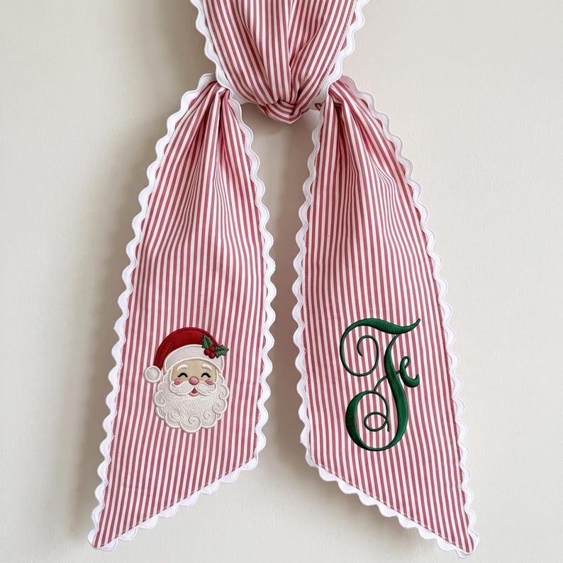 Personalized Christmas Santa Wreath Sash, Stripe Front Door Ric Rac Bow, Embroidered Holiday Decor, Xmas Gift