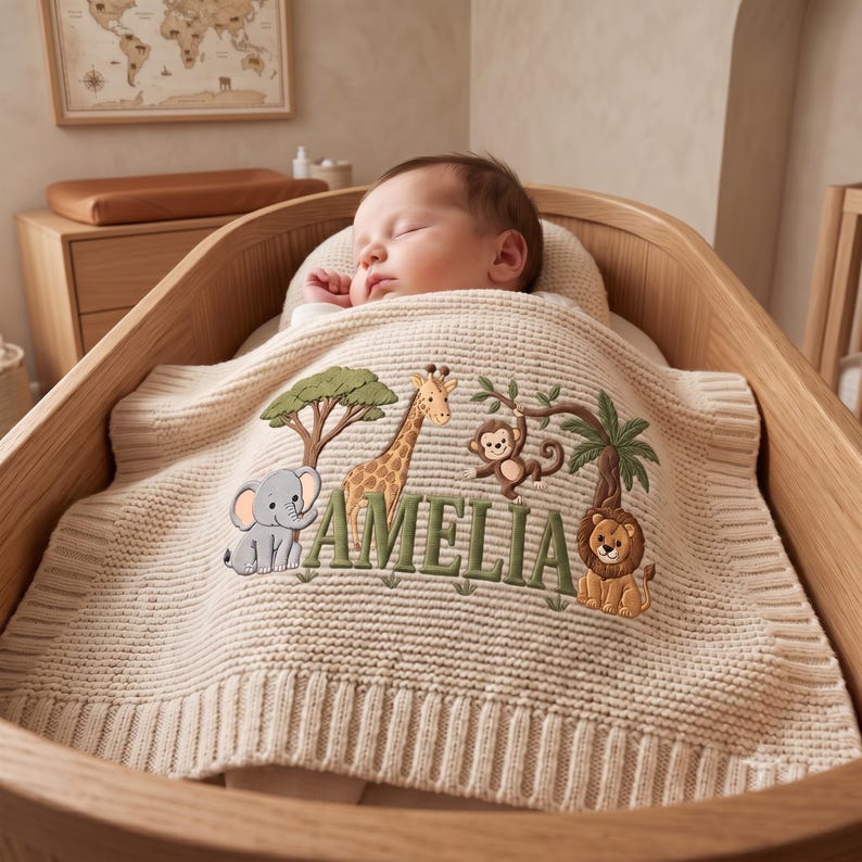 Personalized Embroidered Lion Baby Blanket Name, Custom Name Giraffe Safari Newborn Gift