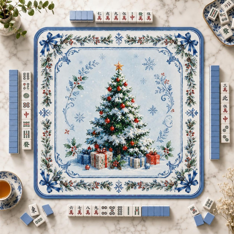 Christmas Mahjong Mat, Festive Winter Holiday Table Game Mat, Decorative Xmas Season Game Board Cover