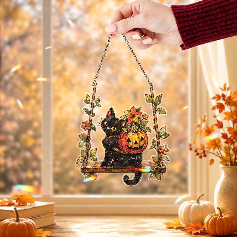 Black Cat Swing Suncatcher Acrylic, Jack O Lantern Autumn Window Hanging