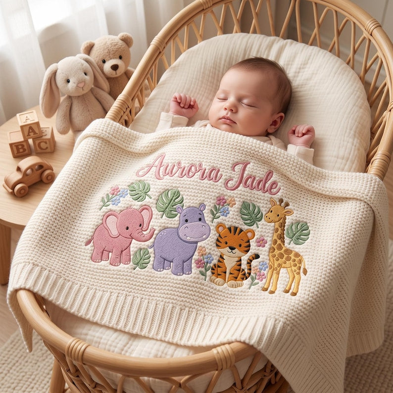 Personalized Safari Baby Blanket Name, Custom Embroidered Elephant Giraffe Keepsake Newborn