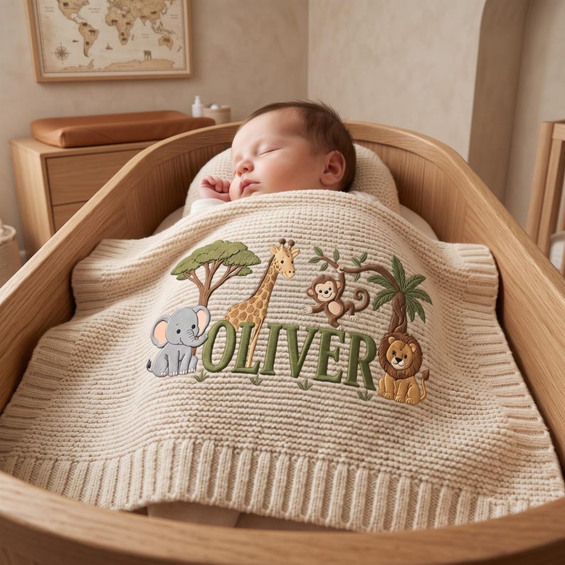 Personalized Embroidered Lion Baby Blanket Name, Custom Name Giraffe Safari Newborn Gift