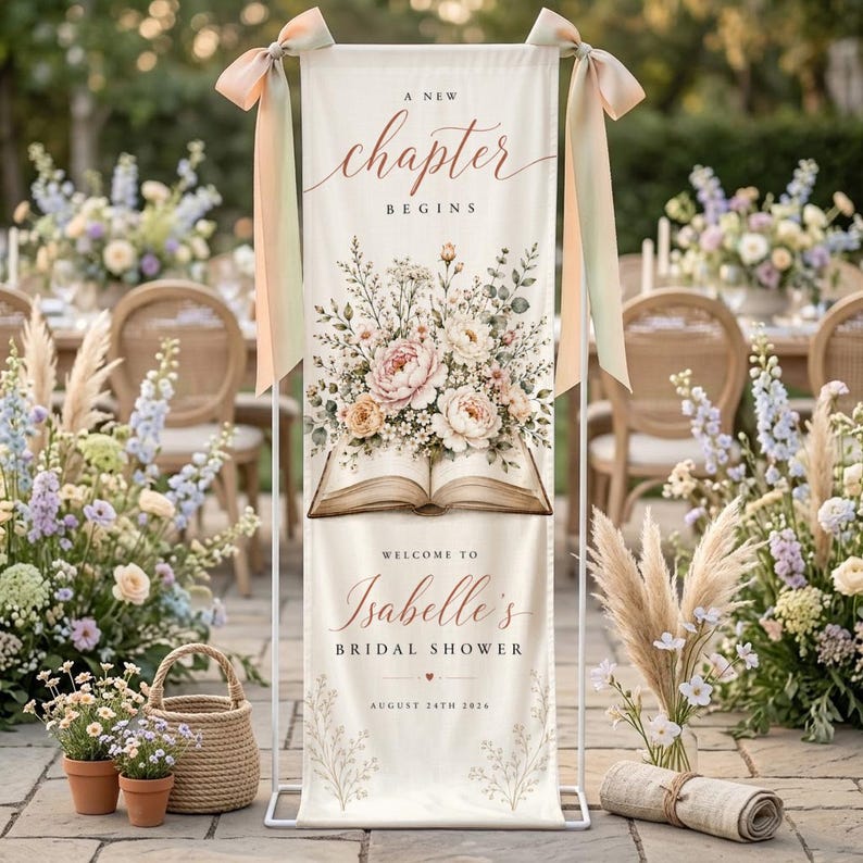 Personalized Bridal Shower Banner, A New Chapter Book Theme, Floral Sign, Storybook Bride Decor