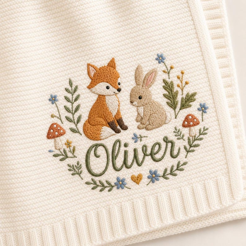 Personalized Baby Blanket, Custom Name Embroidery, Woodland Fox Rabbit, Soft Knit Nursery Keepsake