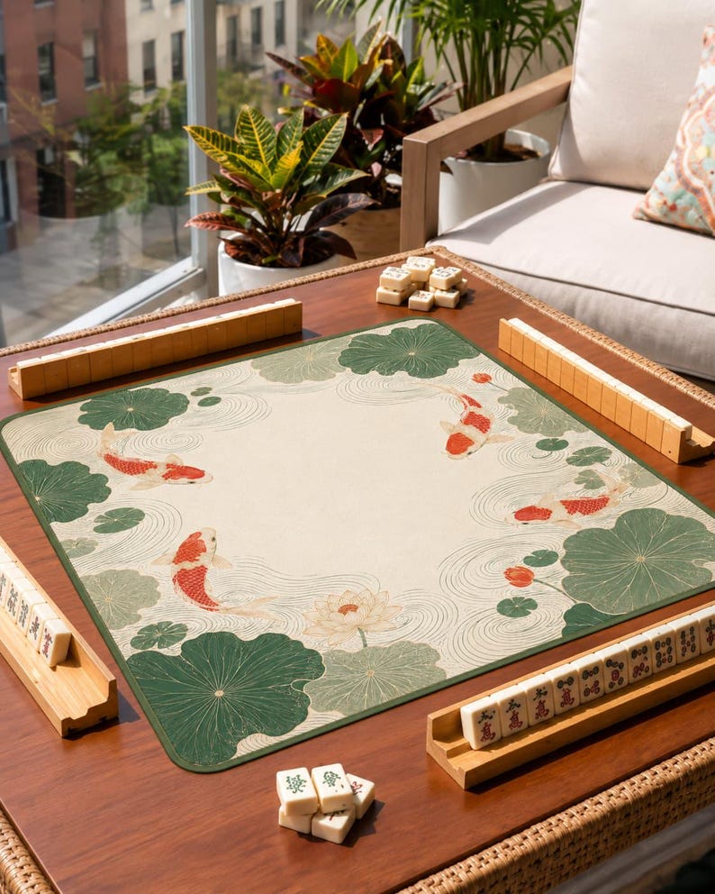 Koi Lotus Mahjong Mat, Water Resistant Mahjong Table Mat, Non Slip Game Mat, Chinese Style Mahjong Mat