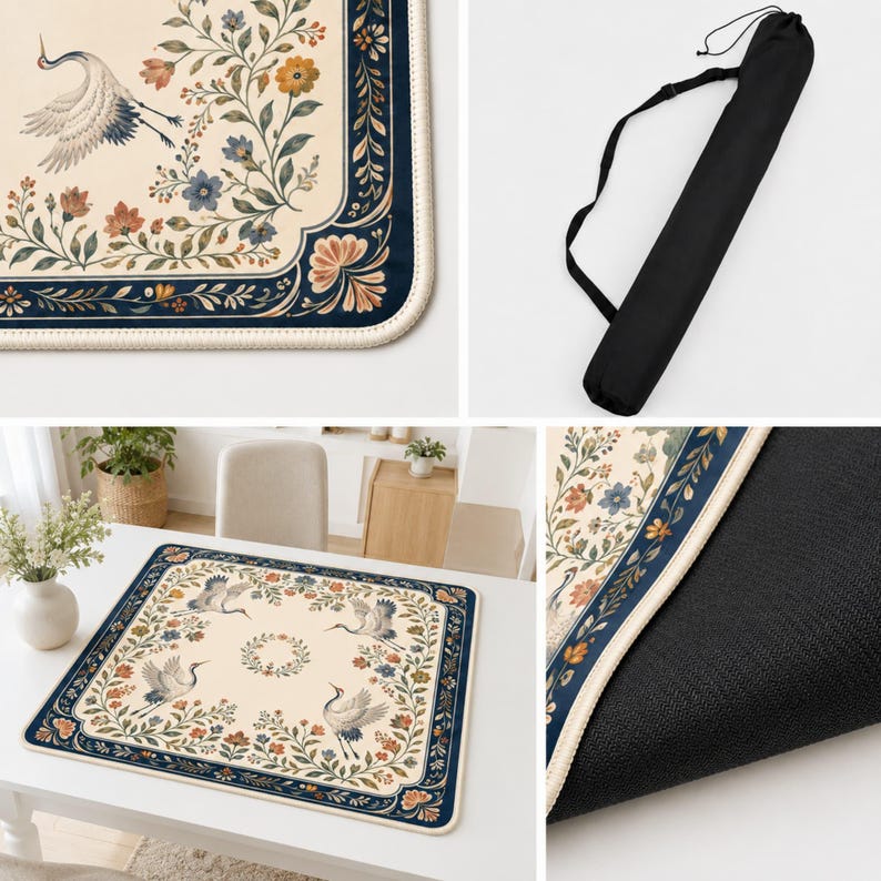 Crane Floral Mahjong Mat, Navy Garden Mahjong Table Cover, Non Slip Waterproof Game Mat