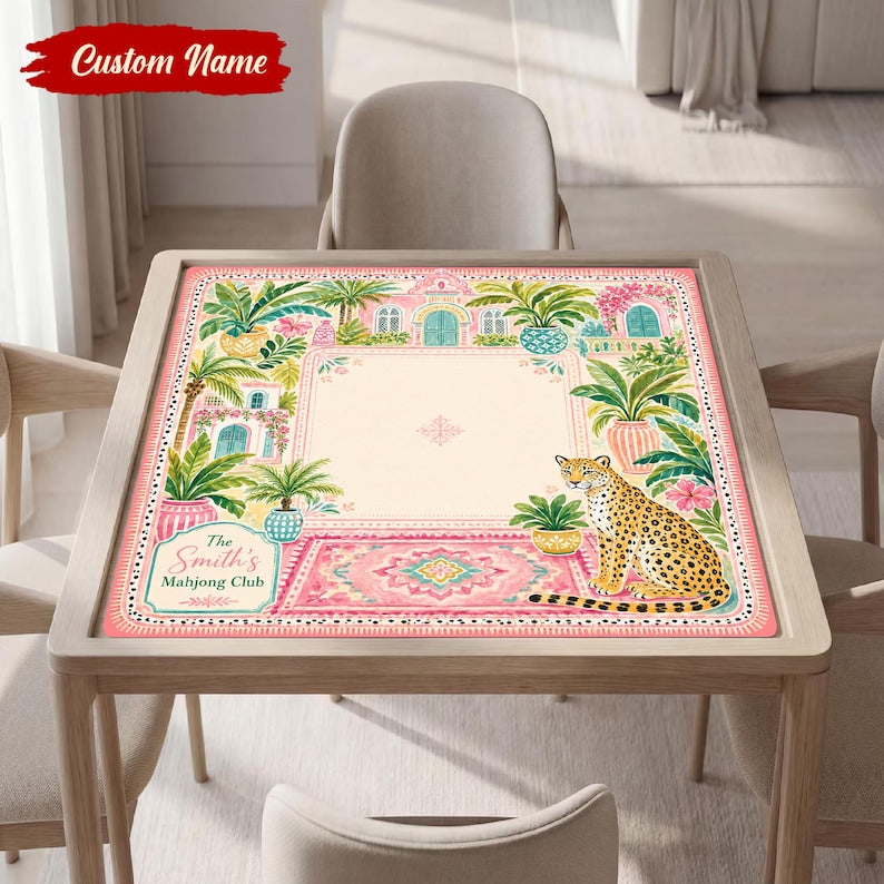 Tropical Mahjong Mat, Leopard Print, Personalized Game Board, Boho Resort Style Table Mat
