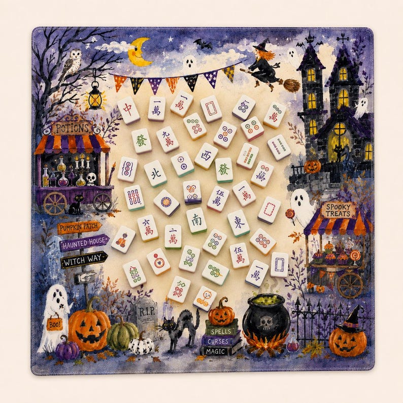 Halloween Witch Watercolor Mahjong Mat, Spooky Game Night Tile Table Mat, Mahjong Gift, Mahjong Accessories