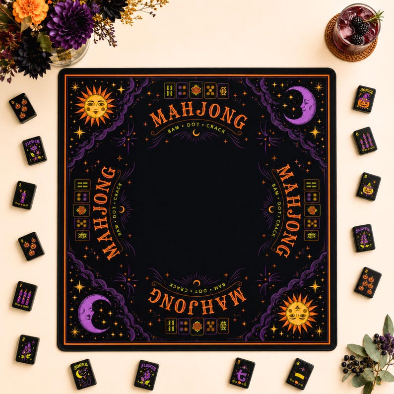 Halloween Mahjong Mat, Witchy Black Celestial Roll Up Mat, Spooky Mahjong Gift, Game Night Gift