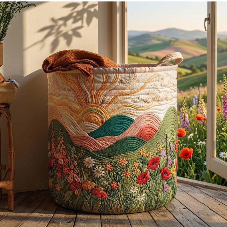 Blooming Hill Quilted Laundry Basket, Floral Garden Clothes Hamper, Floral Lover Gift