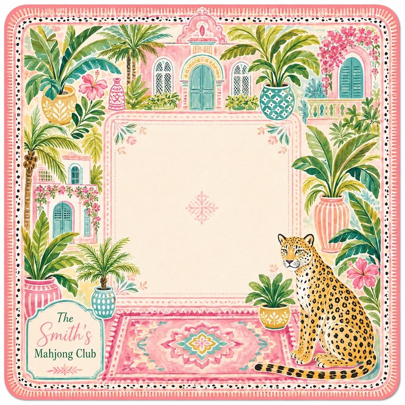 Tropical Mahjong Mat, Leopard Print, Personalized Game Board, Boho Resort Style Table Mat