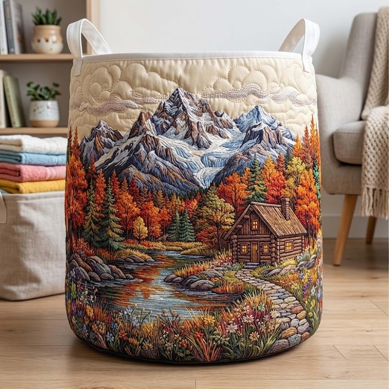 Rustic Cabin Quilted Laundry Basket, Mountain Clothes Hamper, Nature Forest Storage Bin