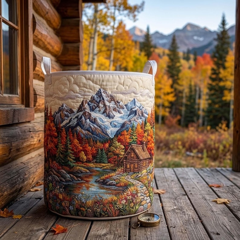 Rustic Cabin Quilted Laundry Basket, Mountain Clothes Hamper, Nature Forest Storage Bin