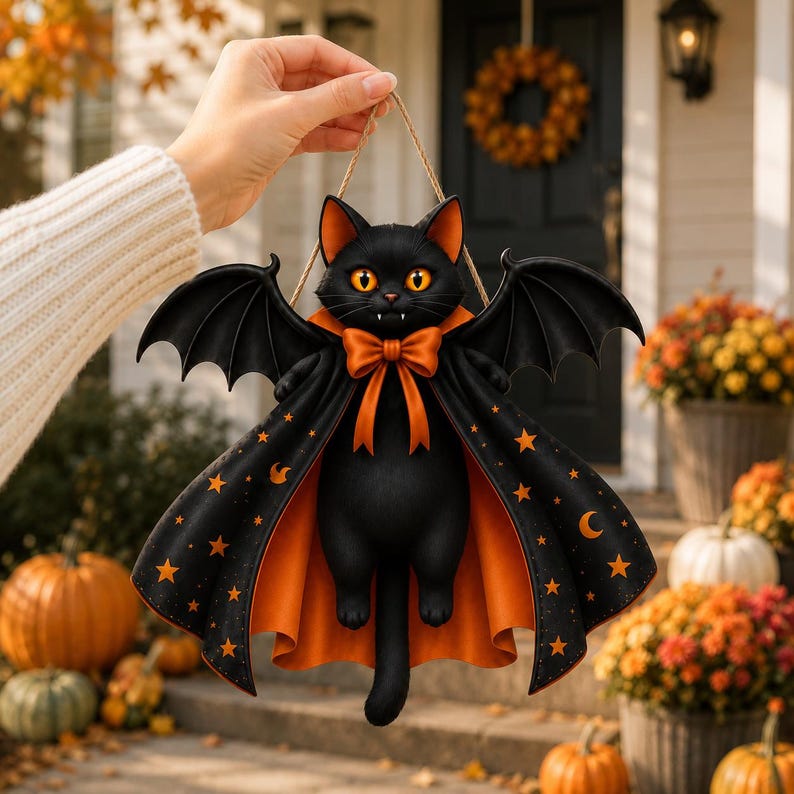 Halloween Black Cat Vampire Bat Wooden Sign, Spooky Witch Cat Sign, Halloween Front Door Decor, Gothic Wall Decor
