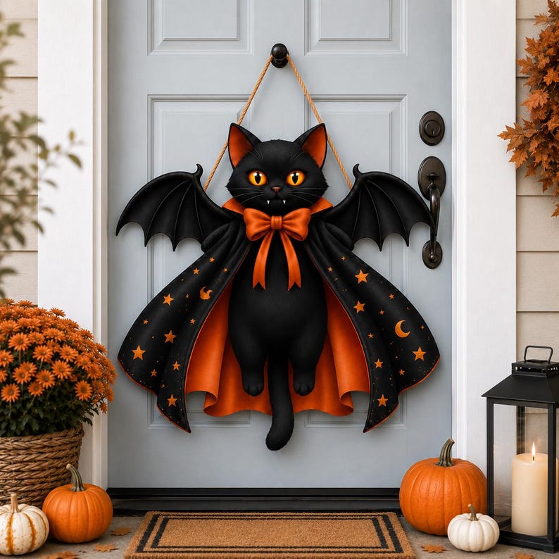 Halloween Black Cat Vampire Bat Wooden Sign, Spooky Witch Cat Sign, Halloween Front Door Decor, Gothic Wall Decor
