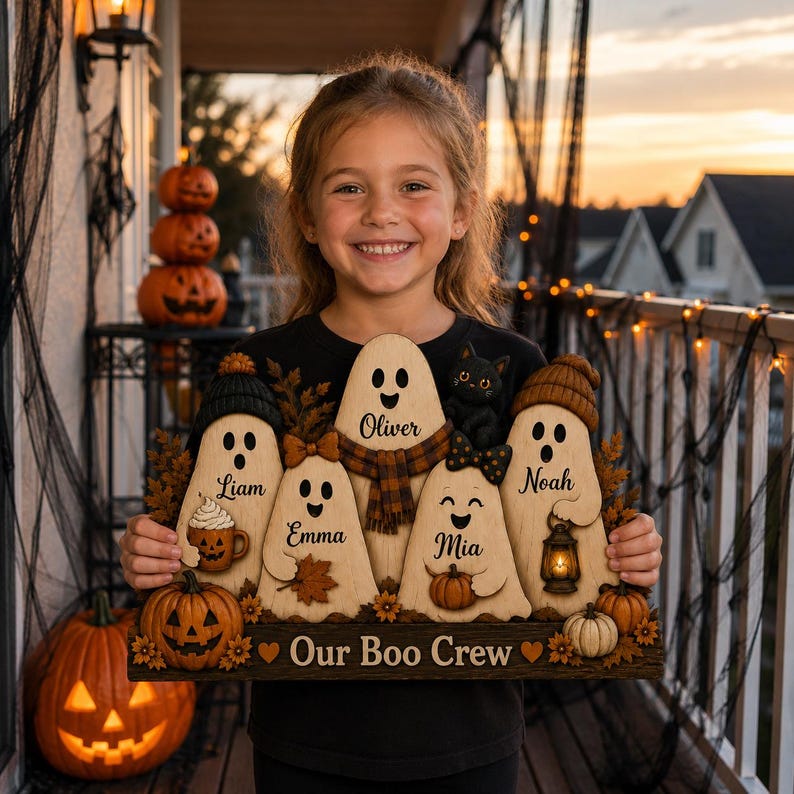Personalized Ghost Family Wooden Sign, Custom Kids Name Halloween Door Hanger, Pumpkin Fall Porch Decor