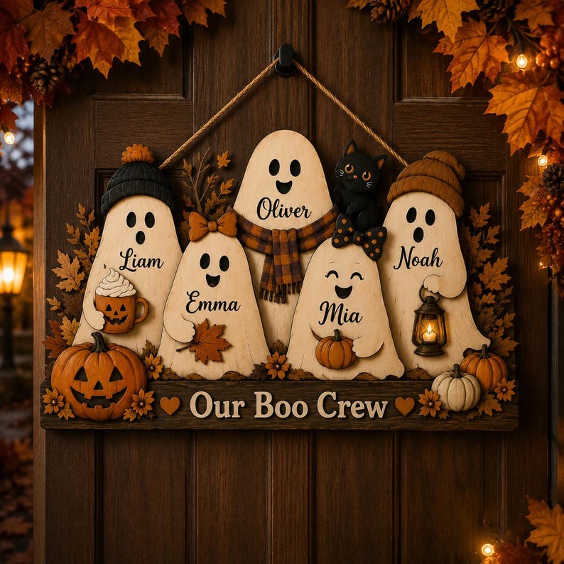 Personalized Ghost Family Wooden Sign, Custom Kids Name Halloween Door Hanger, Pumpkin Fall Porch Decor