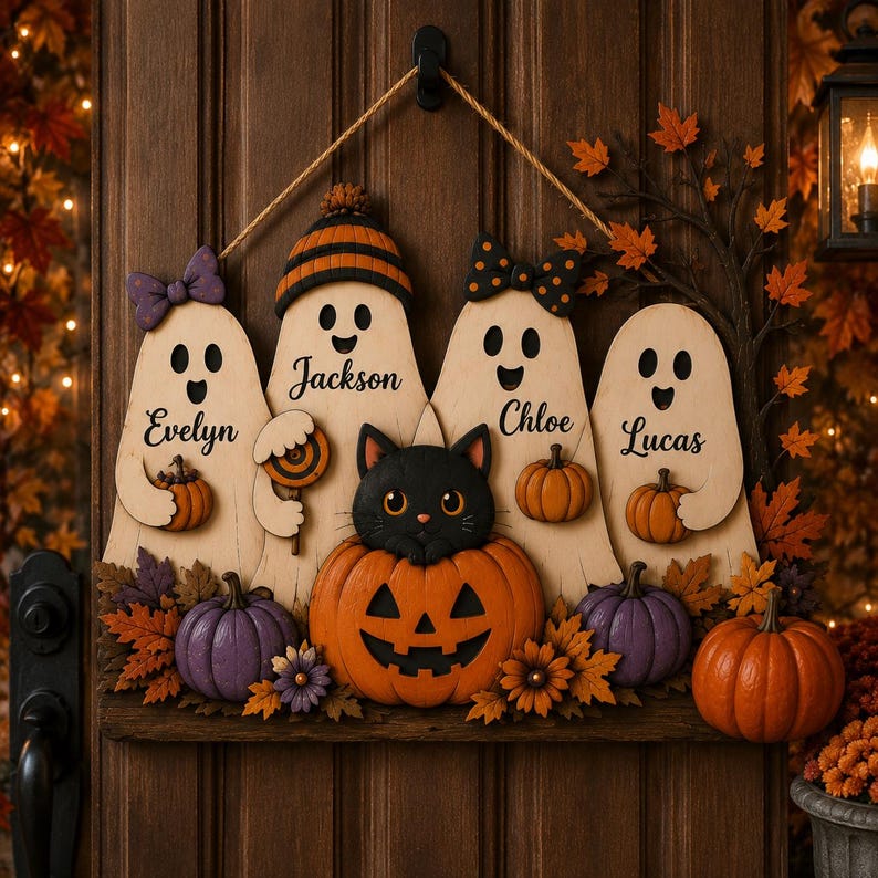 Personalized Ghost Family Wooden Sign, Custom Kids Name Halloween Door Hanger, Pumpkin Fall Porch Decor