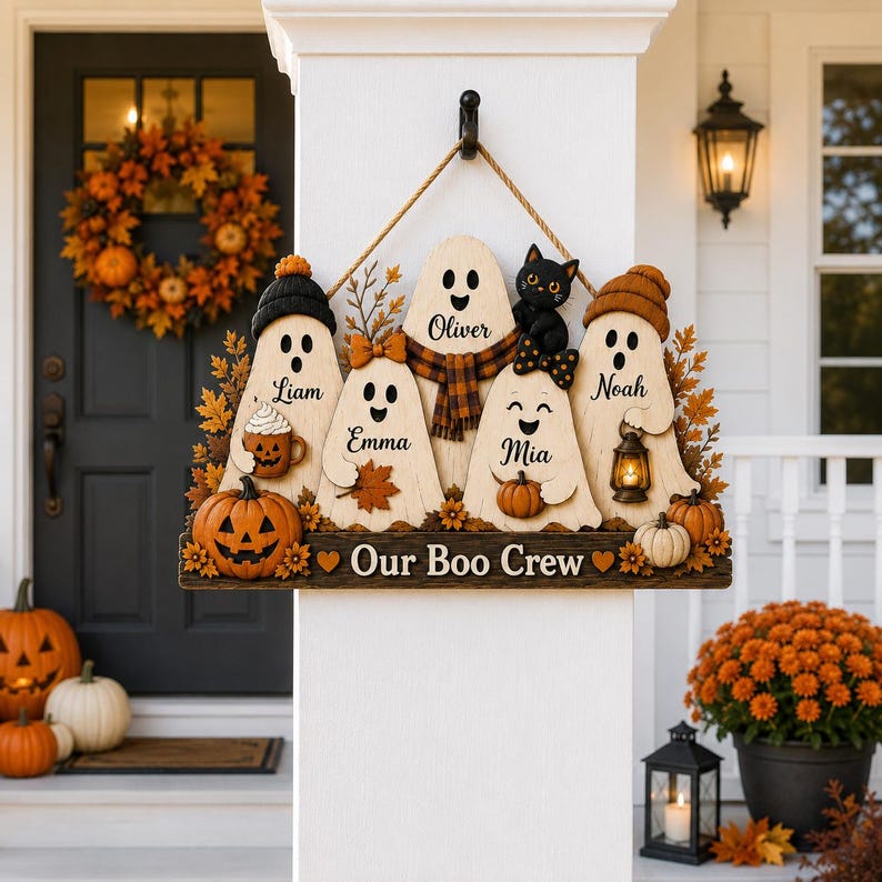 Personalized Ghost Family Wooden Sign, Custom Kids Name Halloween Door Hanger, Pumpkin Fall Porch Decor