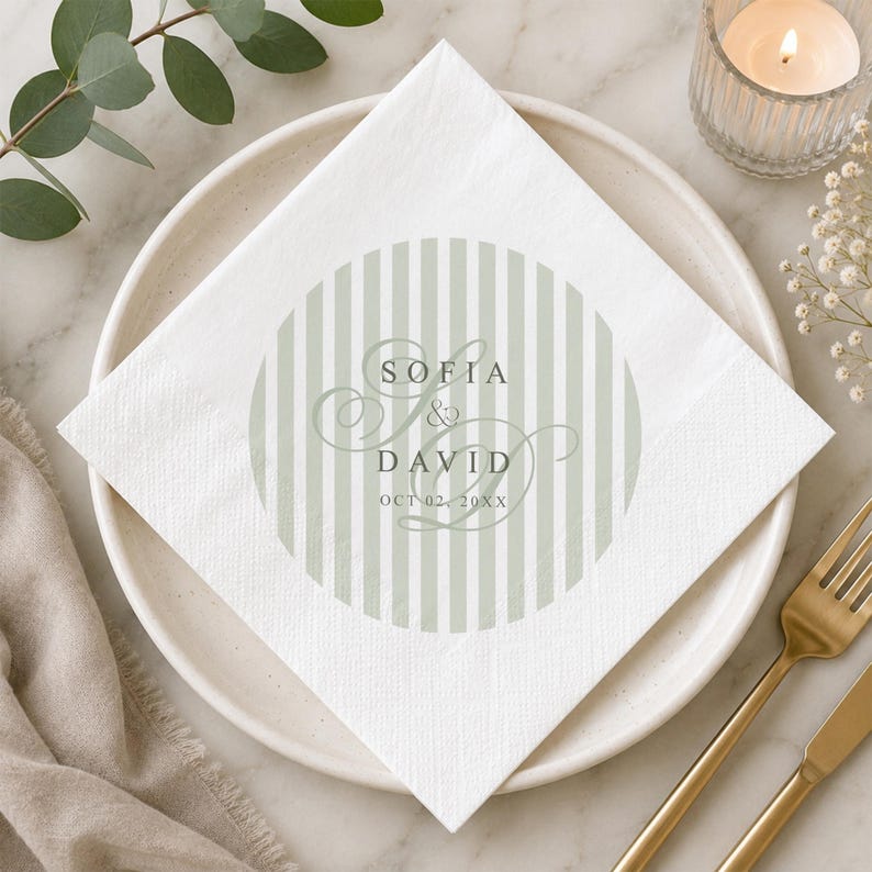 Custom Monogram Wedding Napkins, Sage Green Striped Cocktail Napkin, Personalized Engagement Party Decor