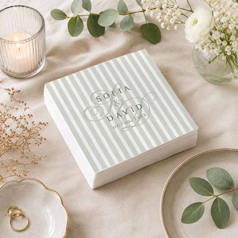Custom Monogram Wedding Napkins, Sage Green Striped Cocktail Napkin, Personalized Engagement Party Decor