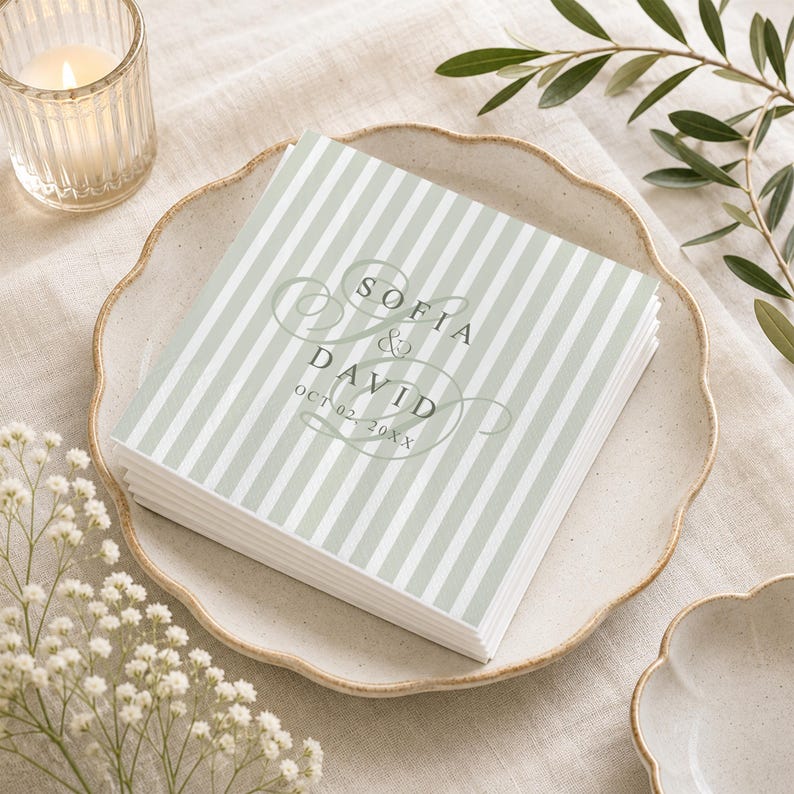 Custom Monogram Wedding Napkins, Sage Green Striped Cocktail Napkin, Personalized Engagement Party Decor