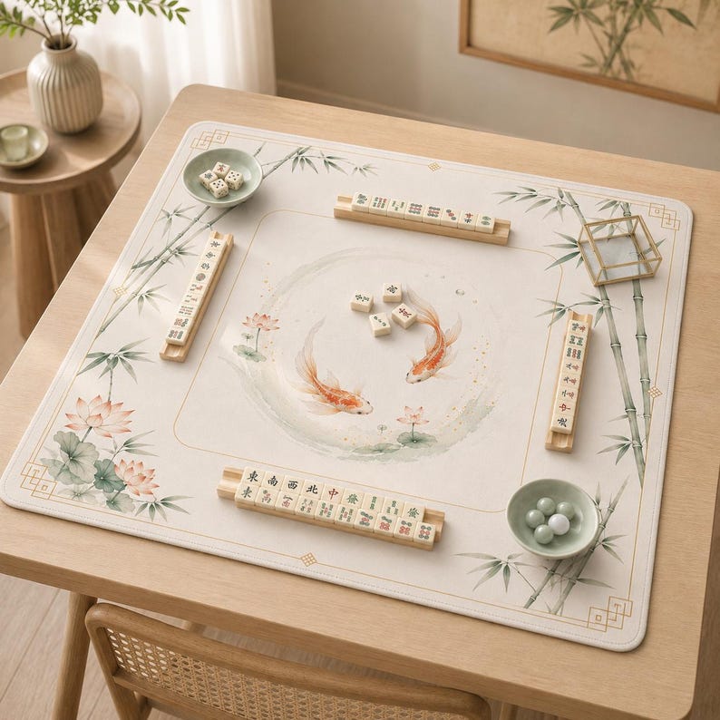 Elegant Mahjong Mat, Asian Koi Bamboo & Crane Lotus Game Mat, American Mahjong Table Mat, Soft Non Slip Mat